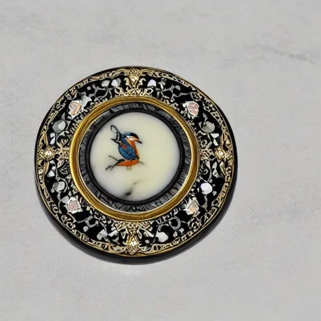 coaster of kingfisher ivory brooch with black pearl inlay, opalescent marble carving, decorative design, classical ornament, highly ornate, highly intricate, highly detailed etching, marble carving, warm lighting, linen backdrop