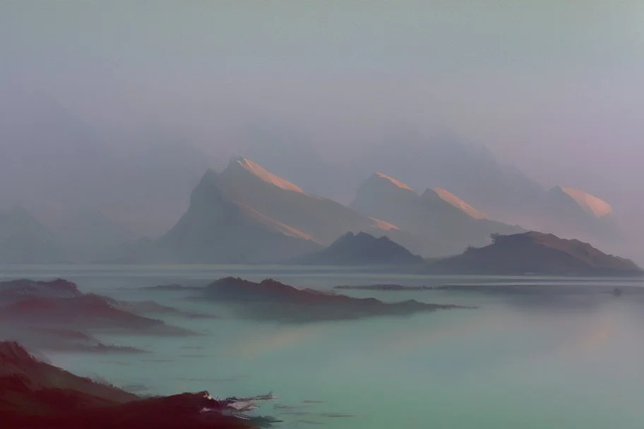 distant modern city, sea, mist, rocks, lake reflection, epic, sci-fi, claude monet painting