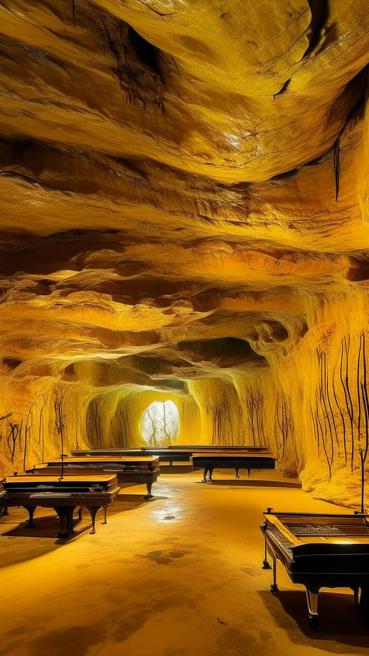 A golden yellow cave with music notes painted by Zhang Lu