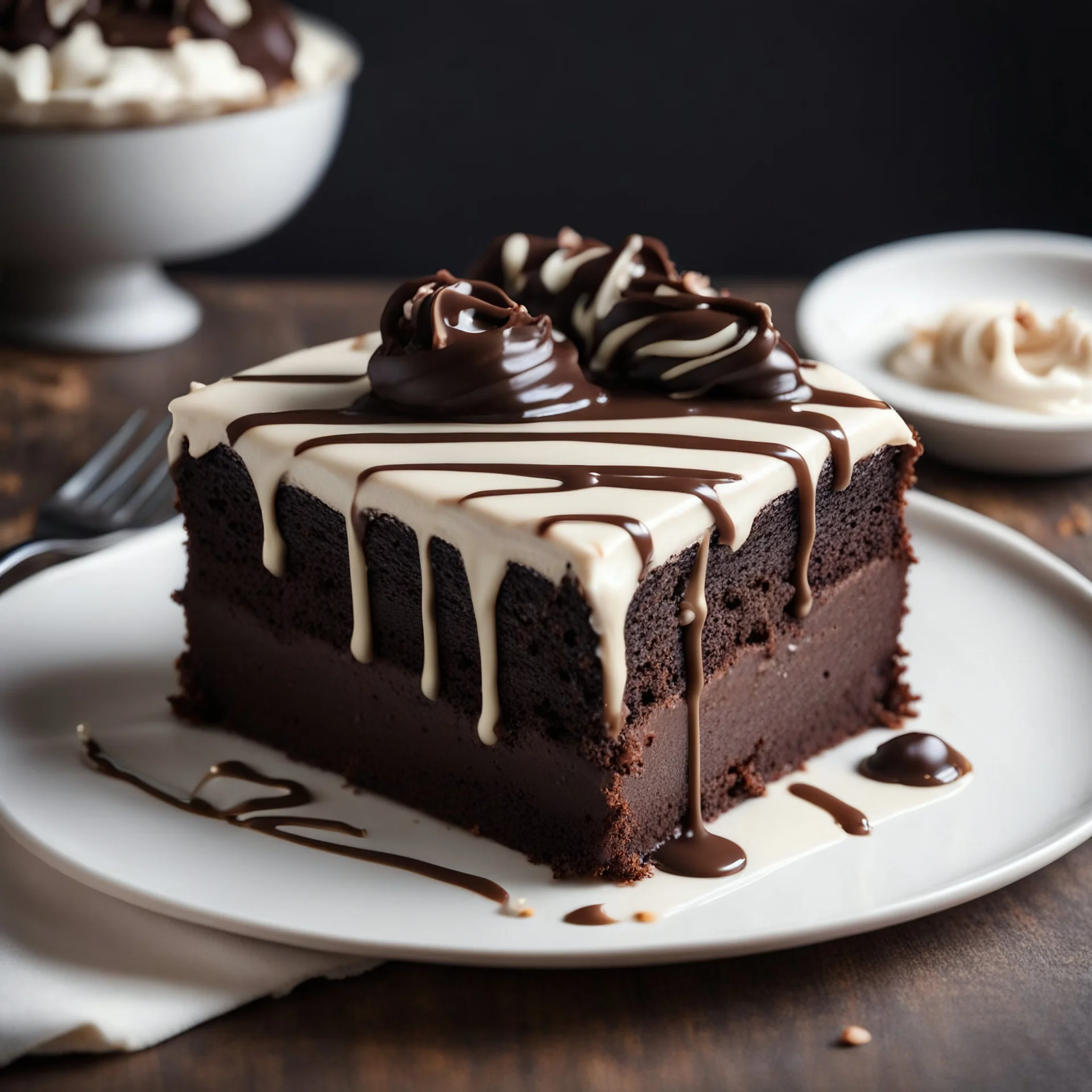 A decadent slice of chocolate cake, with rich layers of moist cake, creamy frosting, and a drizzle of chocolate ganache on top. The cake is so large, it barely fits on the plate, and the chocolatey aroma is irresistible, realistic photo, 8K