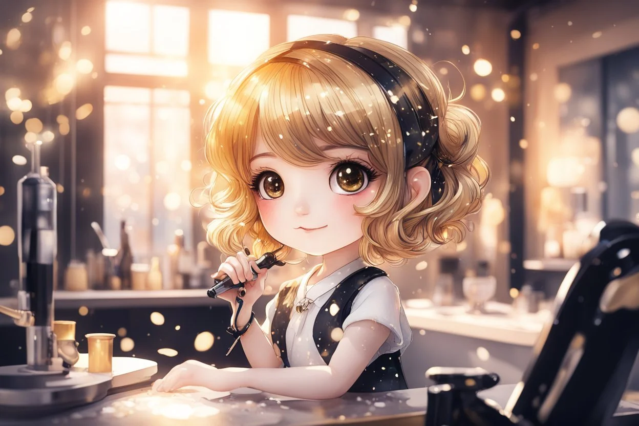 cute chibi anime hairdresser girl cutting hair in a hairdresser saloon in sunshine, watercolor and black ink, sparkling golden glitters, ethereal, cinematic postprocessing, bokeh, dof