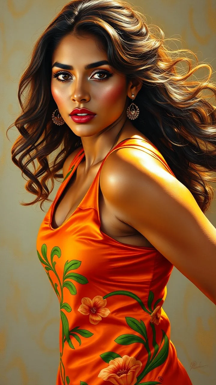 Hyper-realistic oil painting. Medium shot. Indian fitness woman in dynamic pose, wearing designer satin sleeveless deep-neck orange and green 3D floral kurta, long silky curly hair flowing behind her. Close-up. Vivid, warm color palette with golden lighting. Glossy lips, bright makeup, and shiny glowing skin. Intricate, textured brushstrokes. Reflective, luminous fabric. Rich, bold colors. Highly detailed, realistic, best quality. Inspirations from the works of Richard Estes and Ralph Goings. Hi