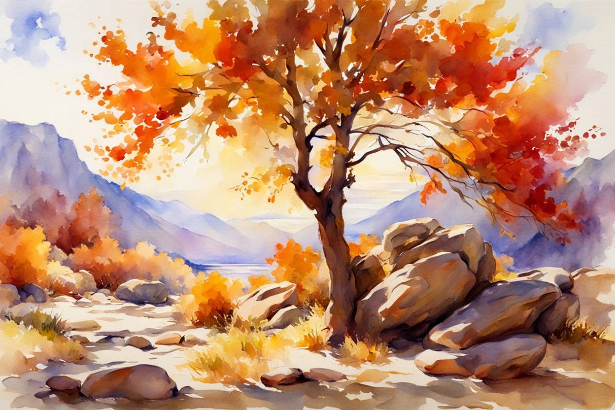 Sunny day, autumn trees, rocks, fantasy, mountains, epic, john singer sargent watercolor paintings