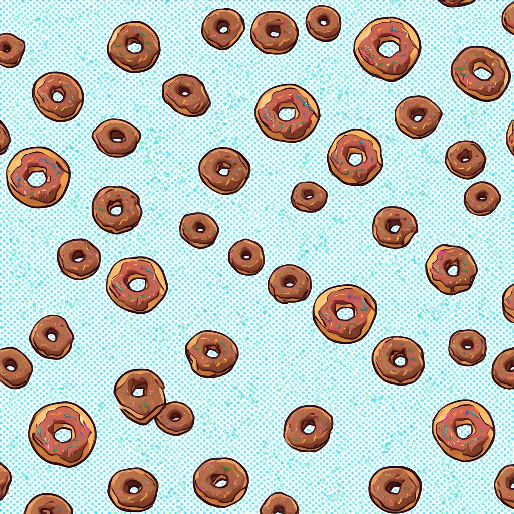 a polka dot pattern of retro cartoon style powdered donuts , single line weight