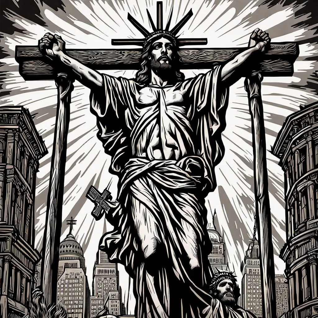 crucified on the cross christ liberty hybrid tone, american flag robes, line tone ,woodcut, engraved, wall street journal style, statue of cruicified Jesus of Liberty with a beard and wearing a cross and hanging from a cross, The statue male, hyperdetailed intricately detailed photoillustration ink drawing dystopian 8k resolution entire body of the statue is in the picture. digital illustration telephoto lens photography , same colors as the us treasury's one dollar bill, crucified"