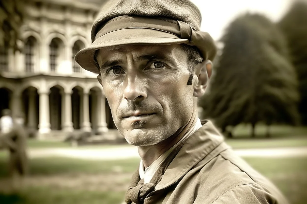 ww1 archeologist talking close-up standing up looking to the camera, mansion hall background, heterochrome eyes