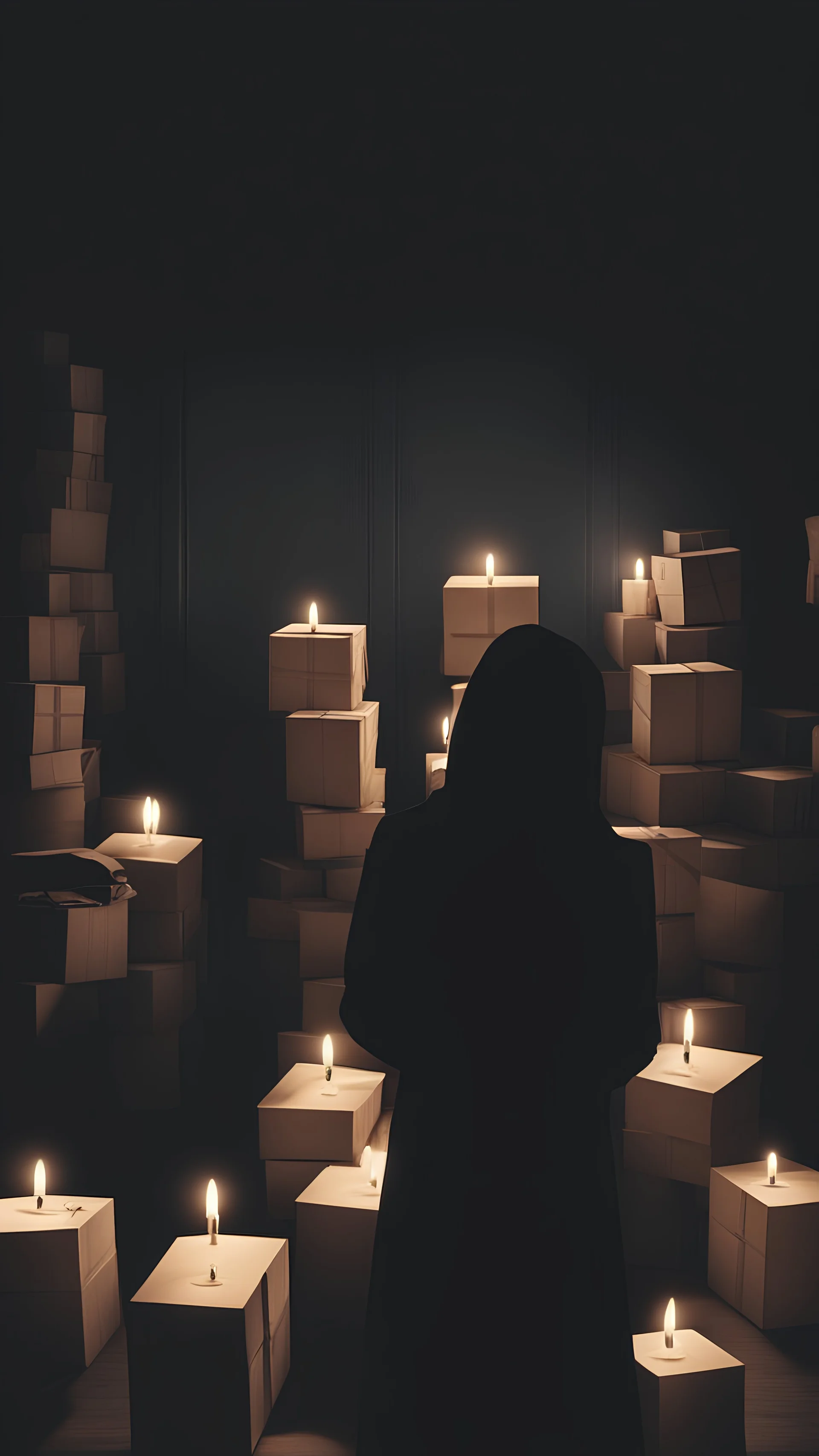 sectarians in a black room with a completely hidden by the shadow of the face surrounded by boxes and candles in pray 1080x1920