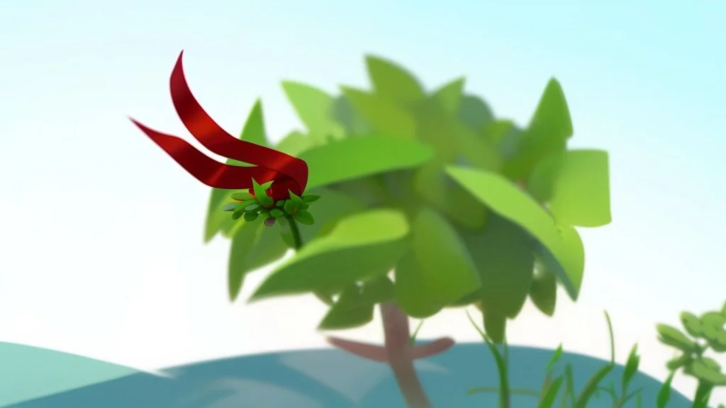 fantasy cartoon illustration: a shrub on a hill, there is a red ribbon on the shrub