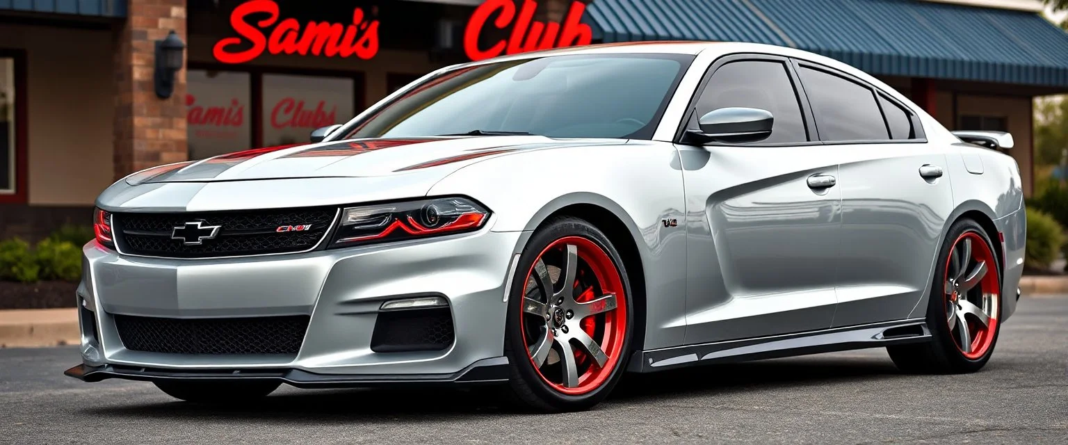 suped up 2024 chevy impala supersport musclecar, silver with red windows and red rims with red wall tires in front of Sam's club, SuperSport car, impressive, VIP, award winning, detailed