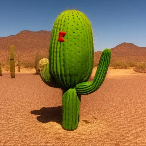 A giant, talking cactus wearing a top hat and monocle, standing in the middle of a desert oasis.