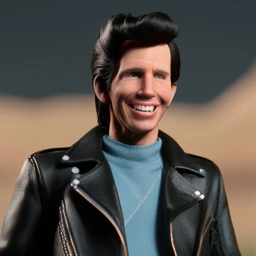 Wide view Fonz with black hair greaser figure doll 1974 (thumbs-up) (face) Forehead grin, fonzarelli, ((arnold's drive-in)) fonzie