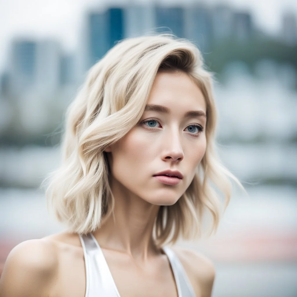 beautiful anorexic asian female, total shot, shiny silver triathlon swimsuit, short blond wavy bob hair, blurred city background