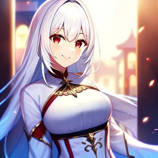 8k, Girl, high quality, detailed, white hair, red eyes, beautiful lighting, smiling