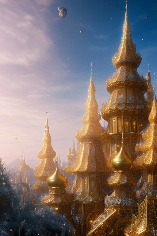 landscape, city of the elves, rose, gold, very blue sky, crystal domes, glistening oiled shiny, intricate, Exquisite details and textures, highly detailed, digital painting, artstation, concept art, sharp focus, nature background, illustration, 8k, by stability ai, nvidia