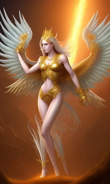 Female angel with big wings and golden crown floating above the ground in the dark, michelangelo style, detailed, world of warcraft style