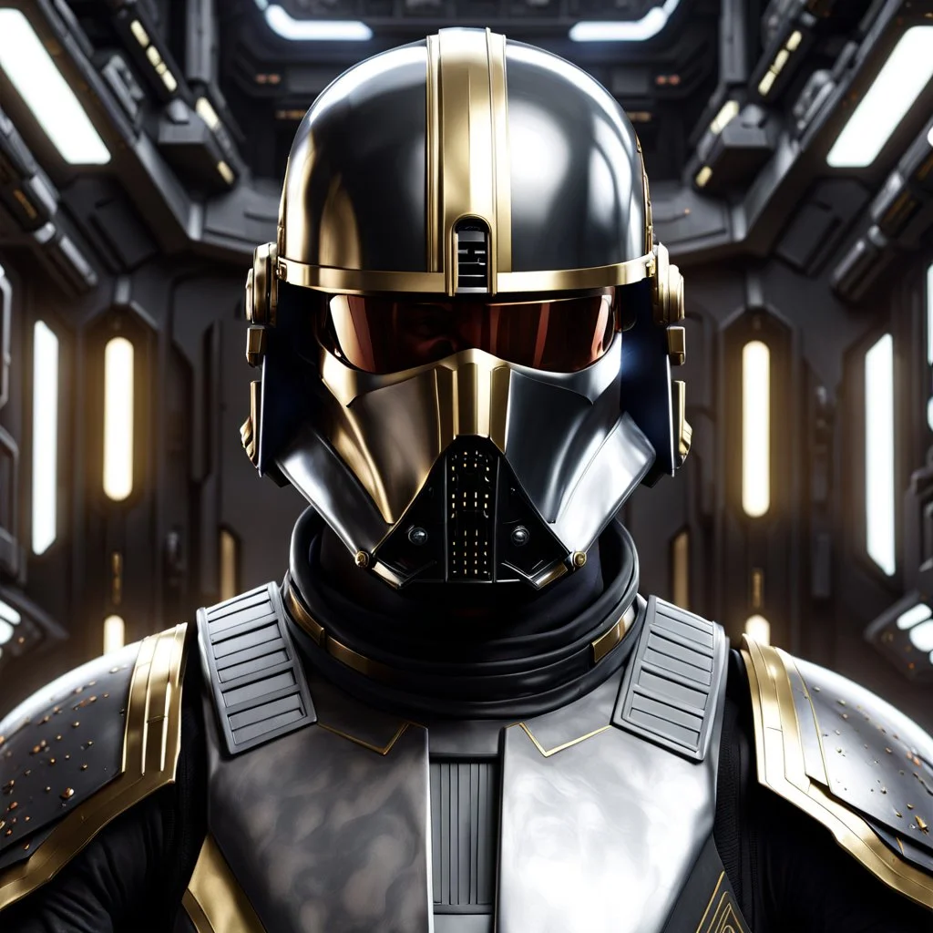 star wars bald male corellian pilot wearing pearlescent black and gunmetal grey First Order special forces heavy assault armor and helmet with gold trim inside the jedi temple, centered portrait, hyperdetailed, dynamic lighting, hyperdetailed background, 8k resolution, volumetric lighting, light skin, fully symmetric details