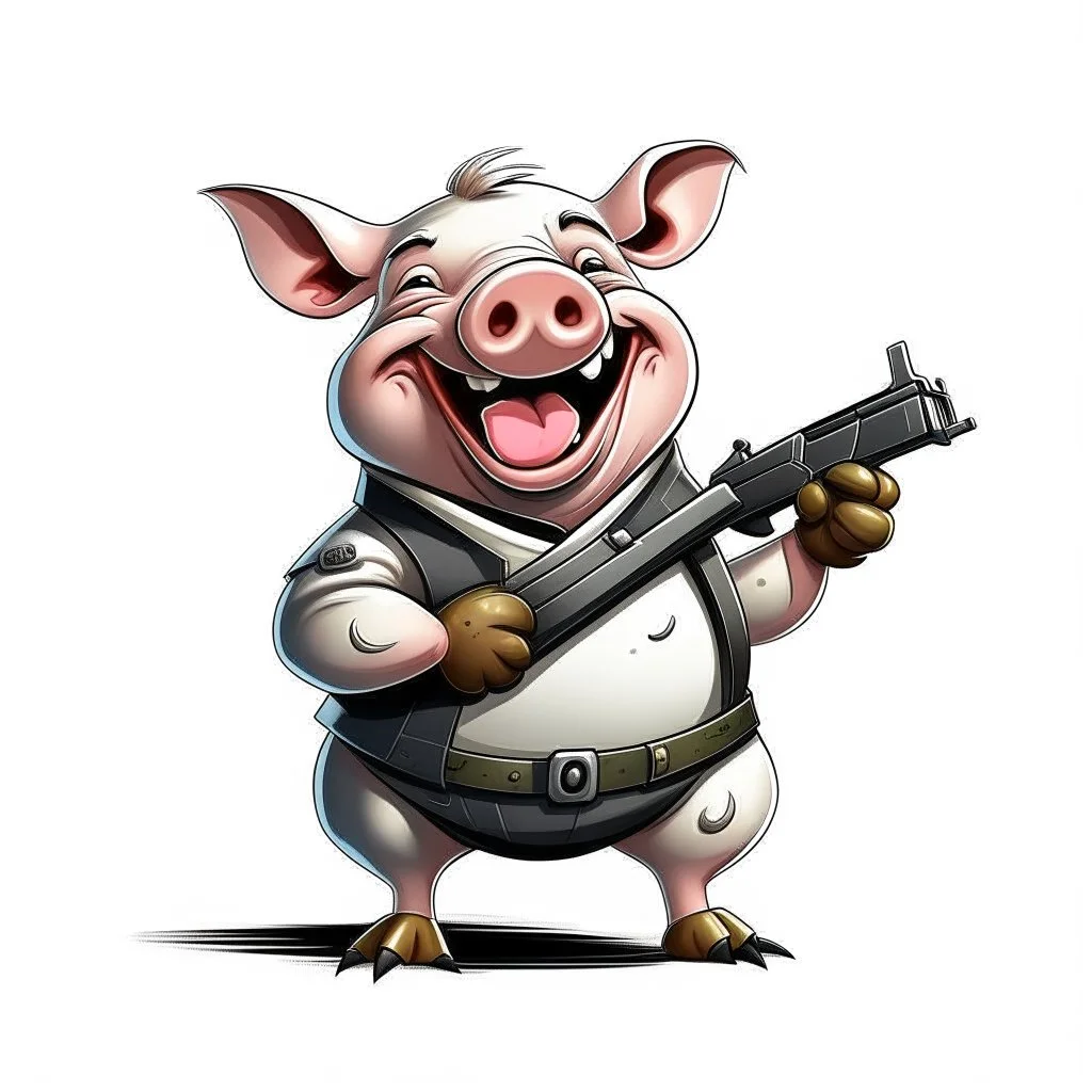 Little pig laughing, armed with a gun, cartoon style, James Bond style, vivid and dark colors, white background, 32k UHD