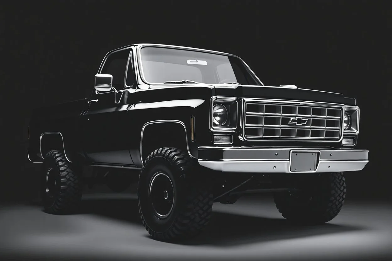front corner 1973 Chevrolet square body truck(lifted) facing a little to viewer's left, dark gray background, high contrast black and white vector