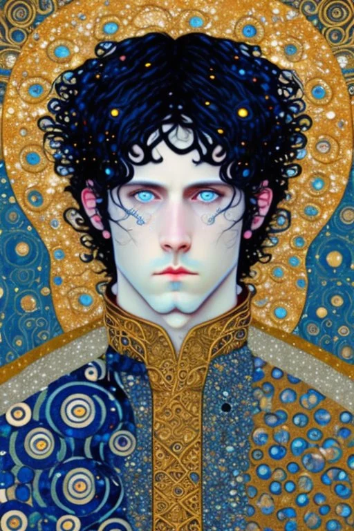 young black haired blue eyed wizard in the style of klimt