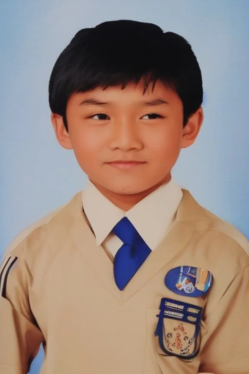 6 year old asian schoolboy in his school uniform portrait, high details