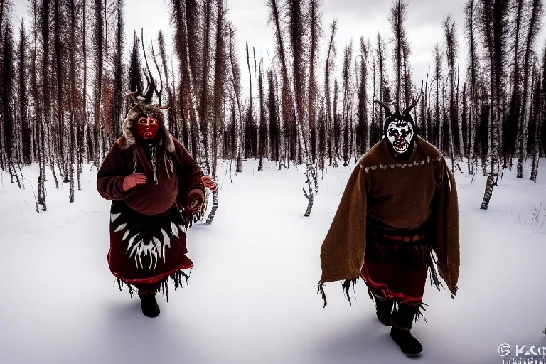 Northern Native man with haunted kids running in the background, indigenous, birch-bark face-cover, Kekripukki, Scary Horns, Midwinter, Ghost, Mystic, Haunted Children, Witch, Wizard, Sage, Traditional Costumes, Full Face Painted colorfully. Arctic Hills, Strange trees, Haunting Atmosphere, Crazy, North-Carelia, Karelia, Karjala, Karjalainen, traditional Carelian costumes, black tears,