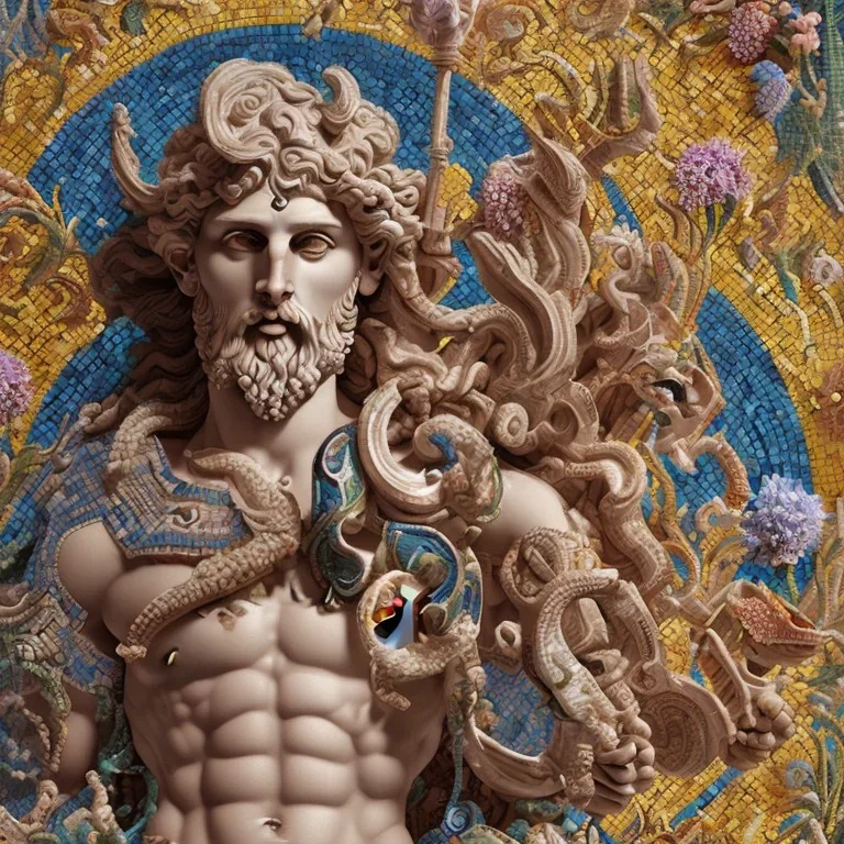 mosaïque gréco-romaine très coloré du dieu poseïdon entouré de fleurs, en entier, Grèce antique, magnifique, majestueux, gigantesque, ultra réaliste, ultra détaillé, ultra intriqué, 16k, octane effect