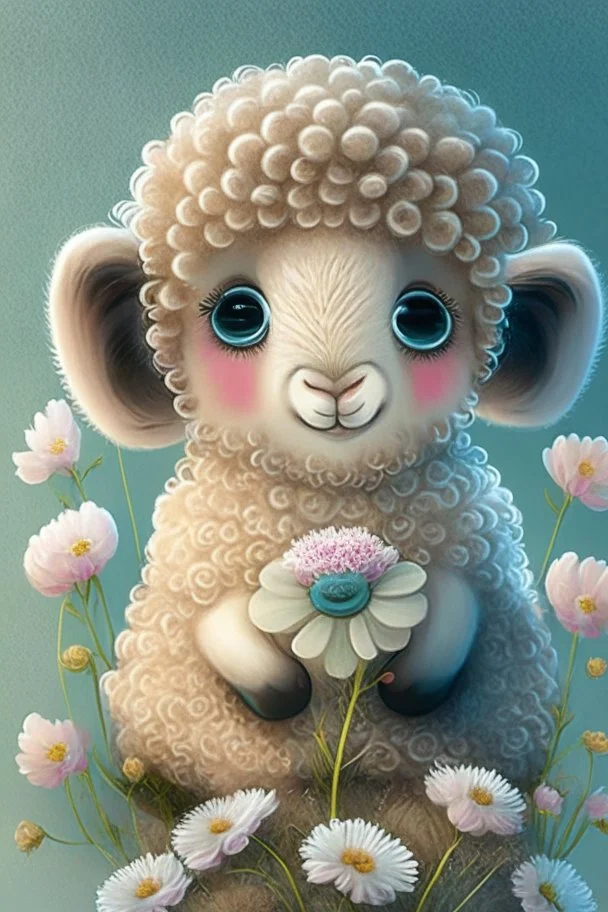 dorable cute happy baby scottish highland sheep with dreamy eyes, sitting down and holding a flower, nursery art, very rendered polished Perfect, smooth edges, flawless Facial Features, Stunning, Whimsical Fantasy, Cute, Highly Detailed, Well Rendered, cartoon, illustration