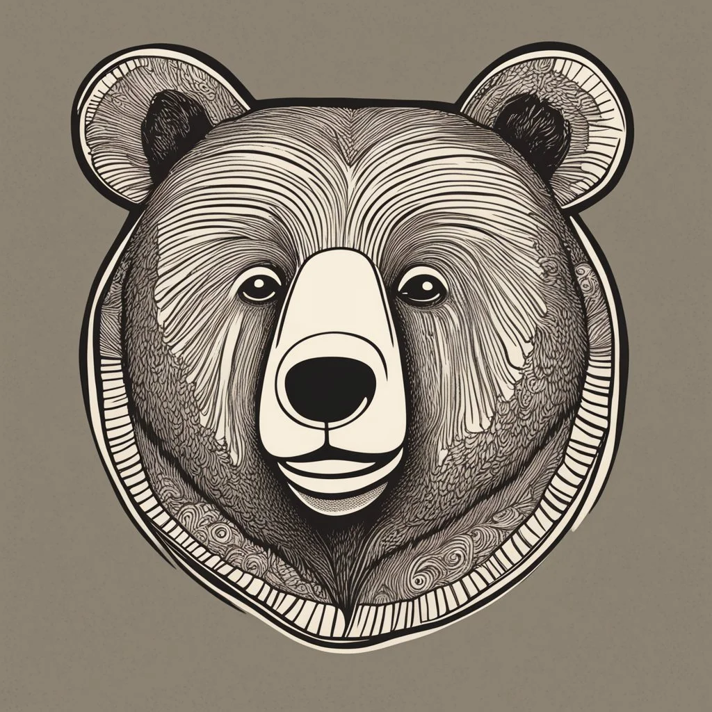 funny bear head from profile, 60's cartoon style, letterpress technique