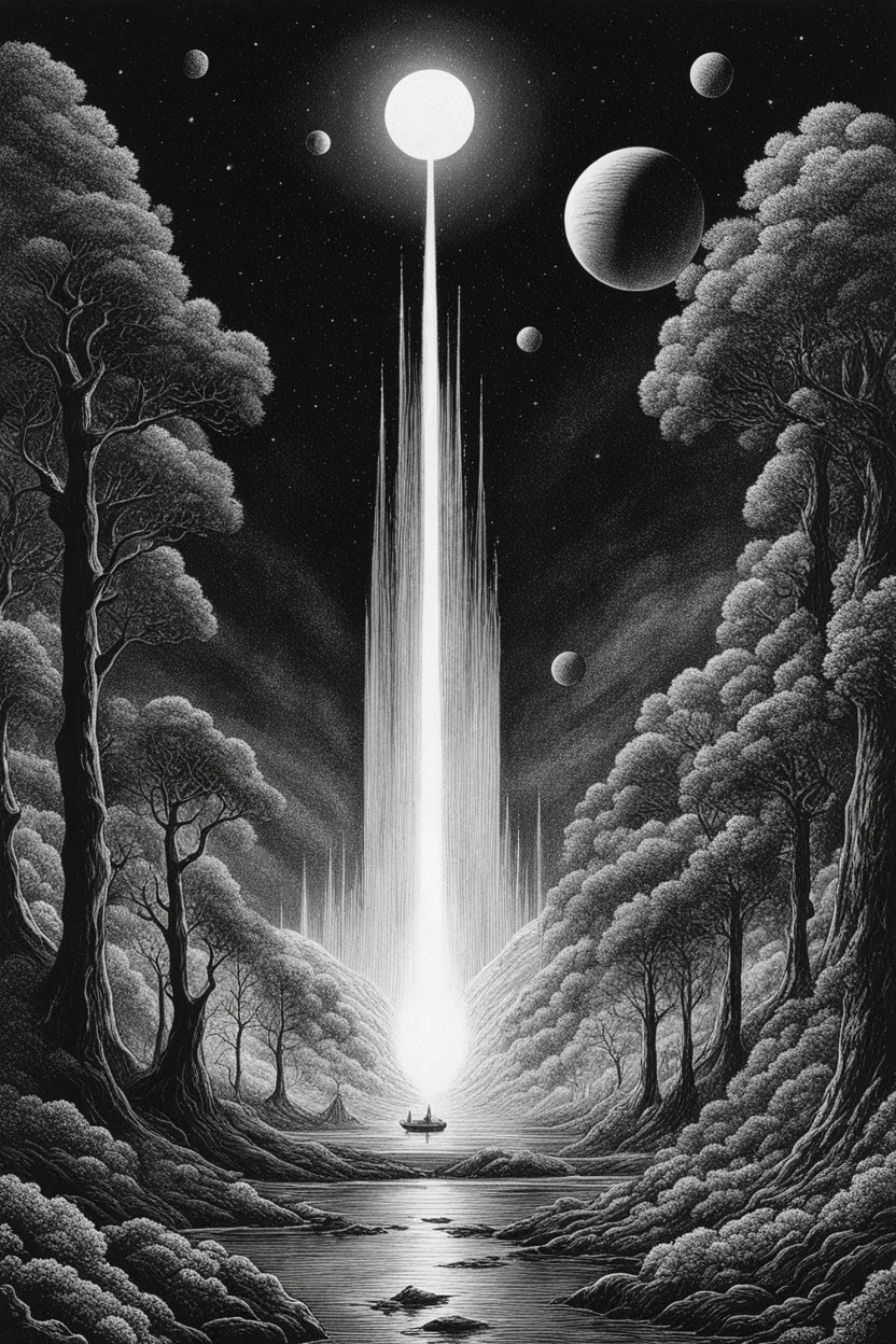 [spaceship, art of Virgil Finlay] The Stellaris nears the blue planet,Its red forests beckon with allure.The starship descends, flames ablaze,Through the celestial descent it endures.Stepping onto the crimson soil,The crew is awestruck by the vista.Towering trees, aglow with inner light,Creatures dart amidst the surreal landscape.