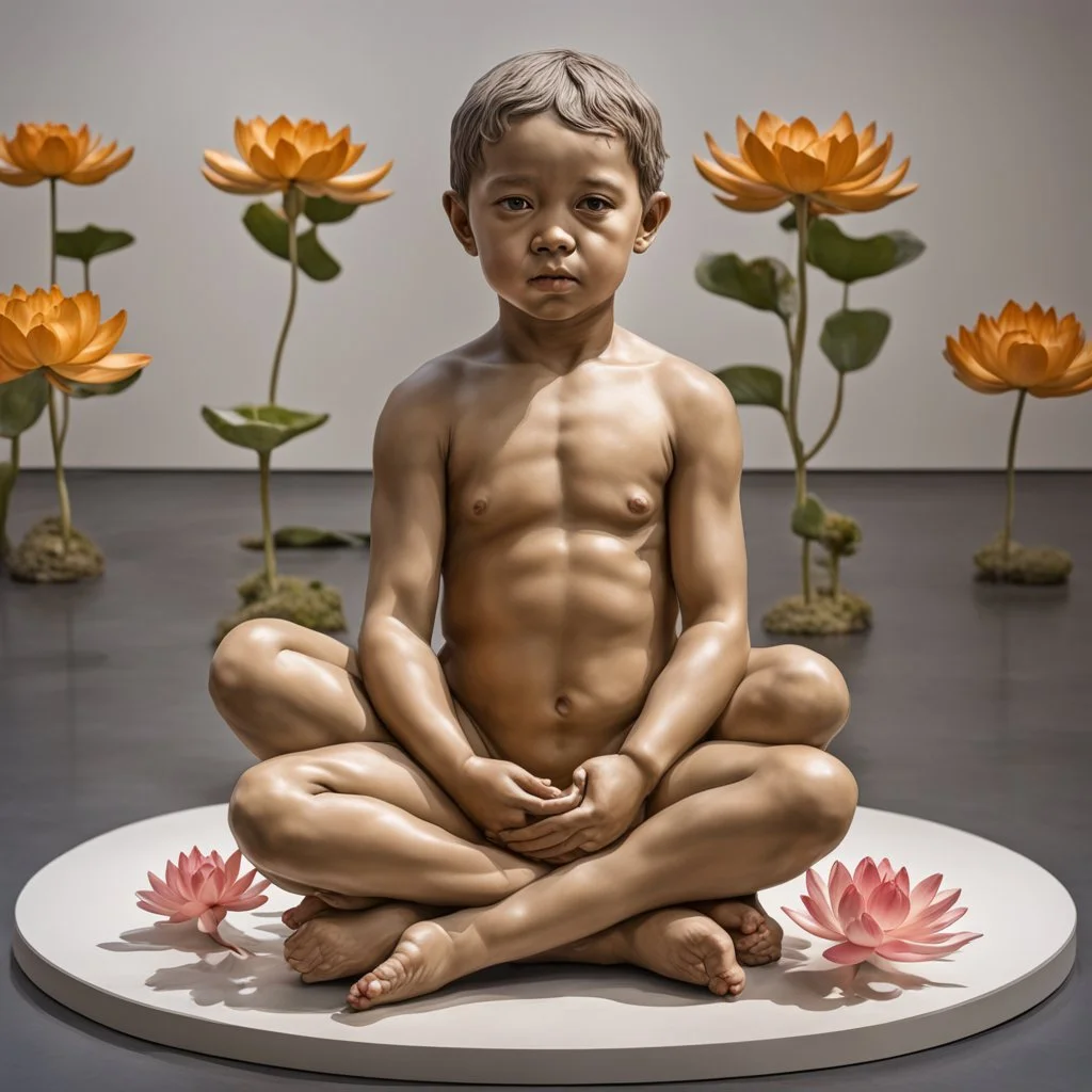 Hyperreal sculpture by John De Andrea, child in a flower Gei sitting in lotus pose on a museum display, hyperrealism