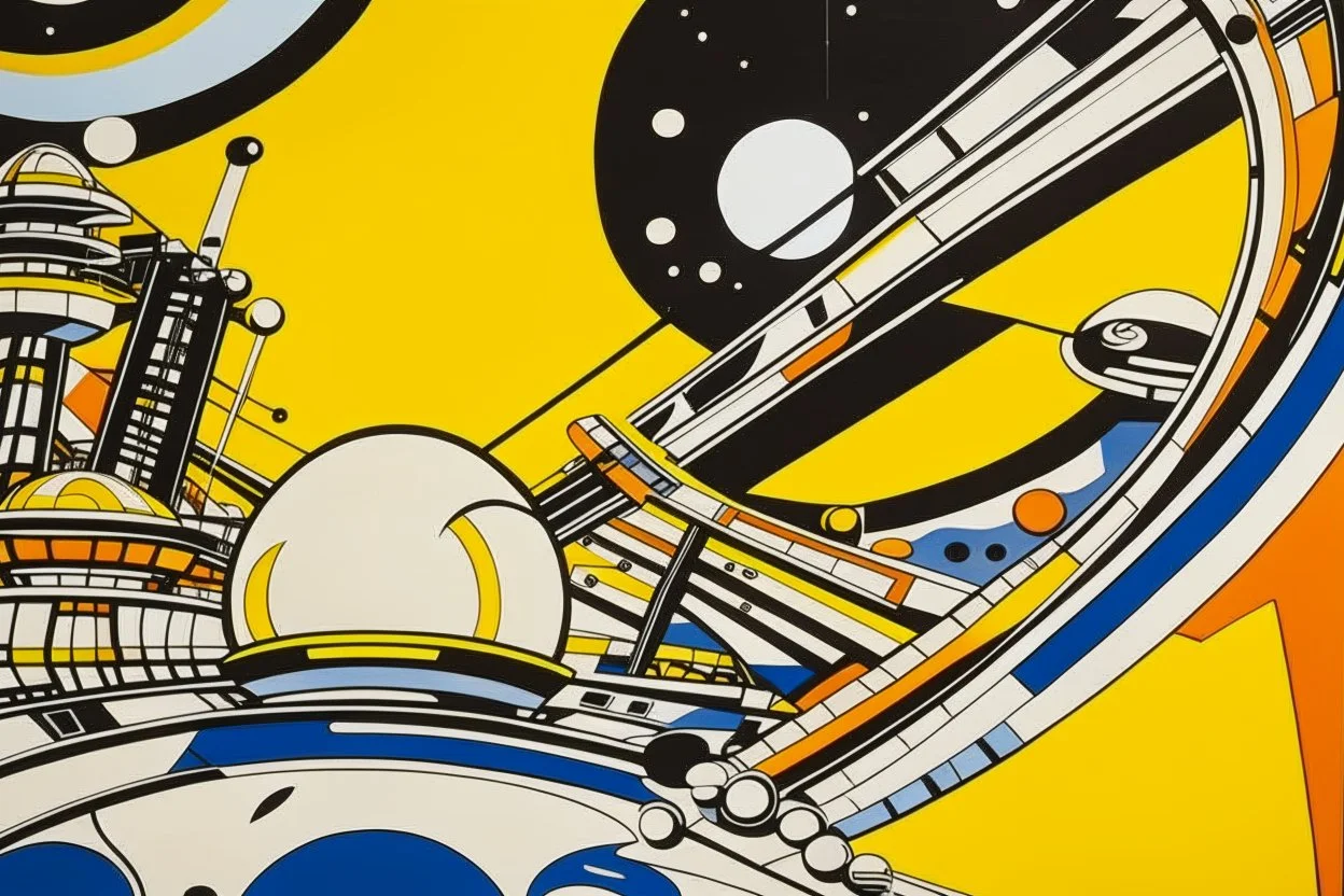 A light orange color space station in a galaxy filled with planets painted by Roy Lichtenstein