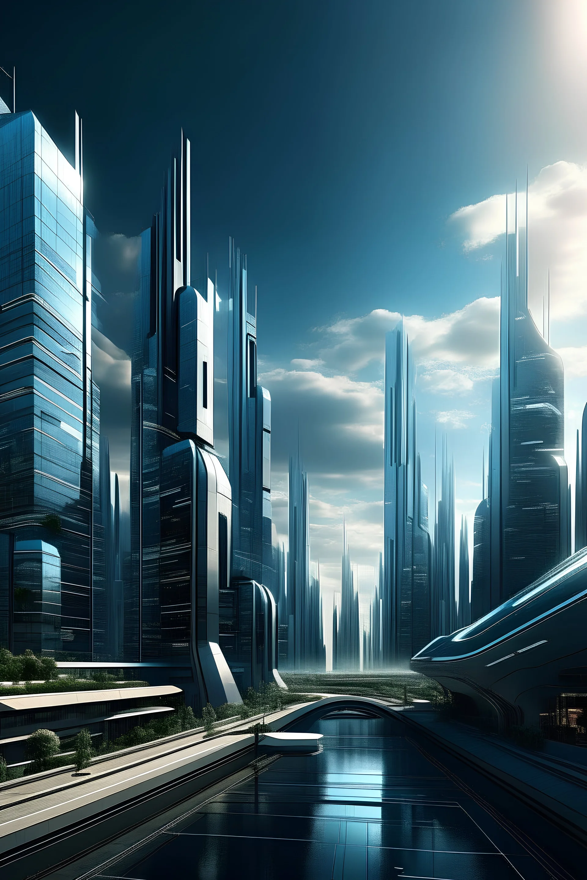 A sleek cityscape with modern skyscrapers, illustrating a vision of the future.