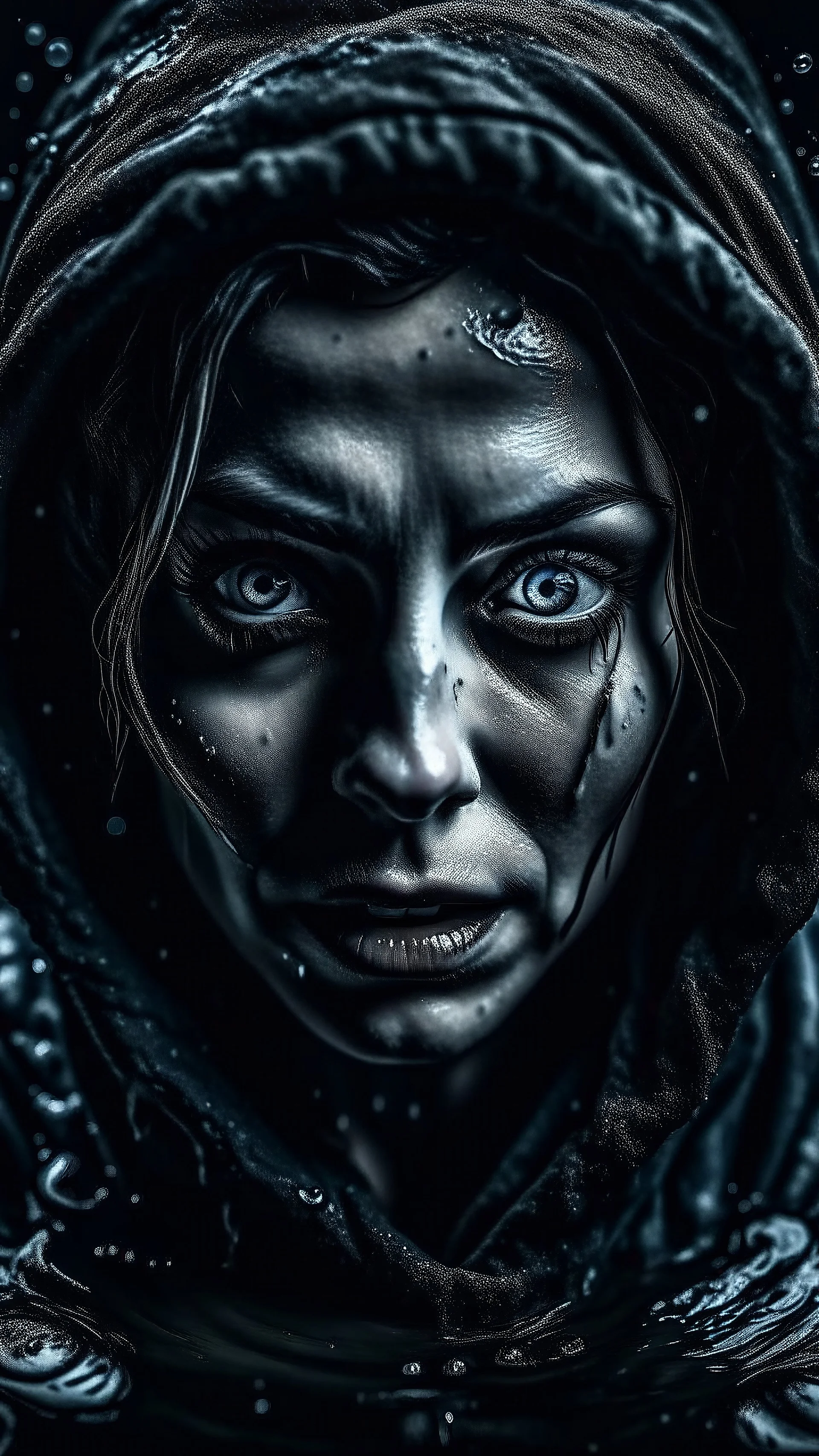 A woman with an evil face, a face of horror, water, winter, darkness.