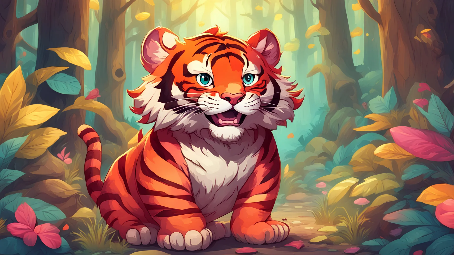 A little red tiger smiling in a forest full of colors and behind him chests of gold and treasures. The picture has beautiful colors style cartoon