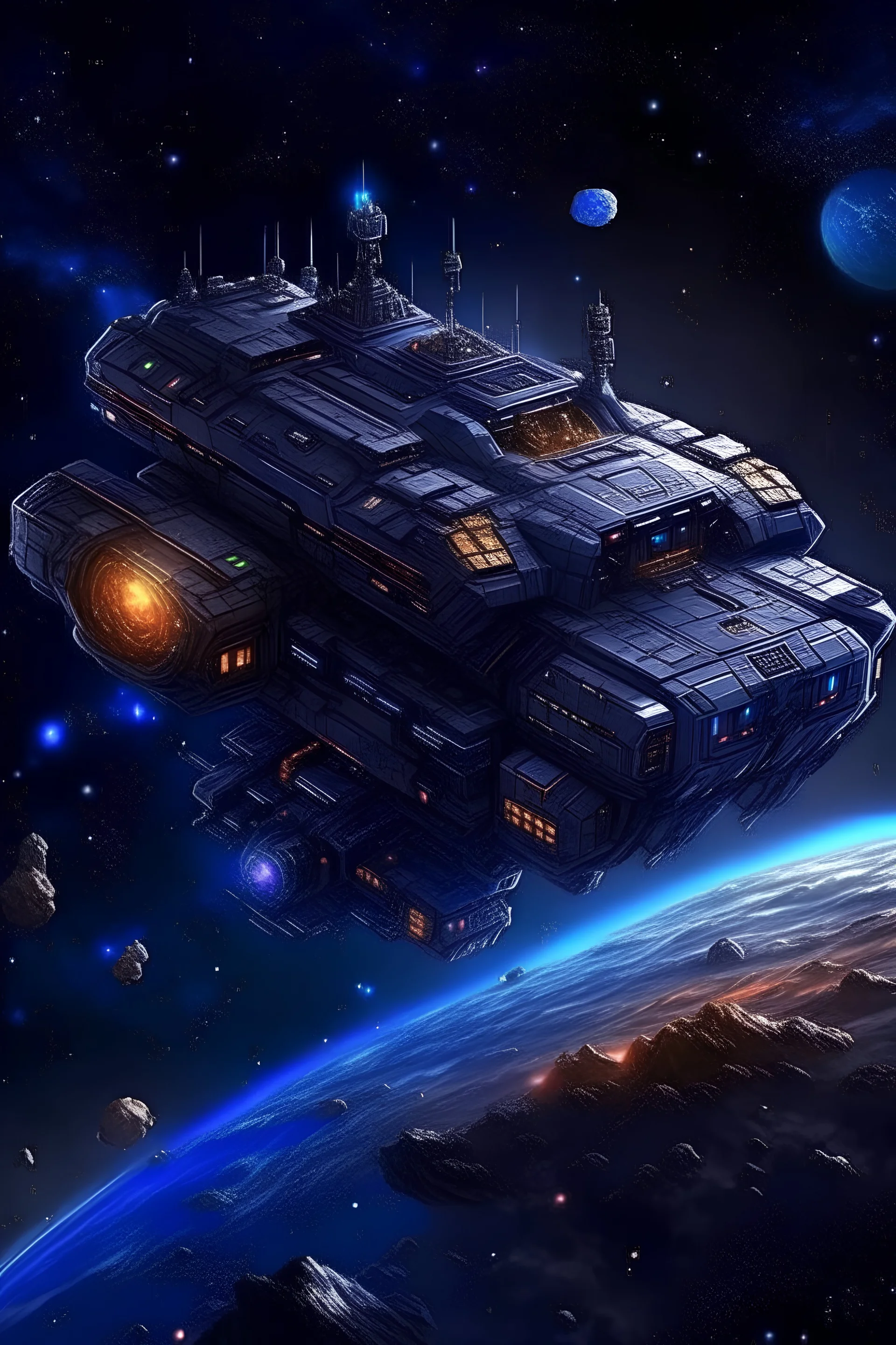 Transport viewers to a distant galaxy where colossal space stations, powered by the finest mining motherboards, orbit celestial bodies, harvesting crypto-rich asteroids amidst a cosmic tapestry of stars and nebulae.