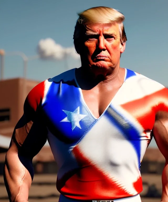 Realistic image of Donald trump wrestler, Mexican wrestling style, eye liner, red and blue breeches, glow us flag dress, suspenders, retro style, 80s, vibrant color, highly detailed, clean background, concept art, unreal engine 5, god rays, ray tracing, RTX, lumen lighting, ultra detail, volumetric lighting, 3d, finely drawn, high definition, high resolution.