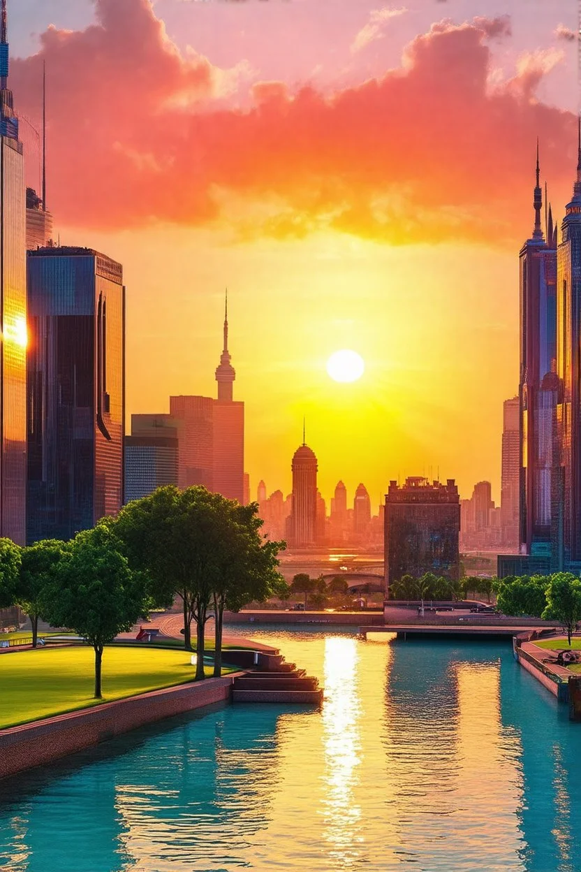 Amazing colorful sunset, buildings, lake, city, park, cyberpunk, sci-fi, photography hd