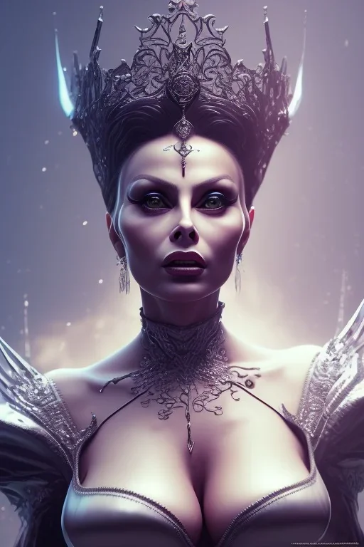 Sophia Loren as evil queen in black leather, cleavage, angry, stern look. character design by cory loftis, fenghua zhong, ryohei hase, ismail inceoglu and ruan jia. unreal engine 5, artistic lighting, highly detailed, photorealistic, fantasy