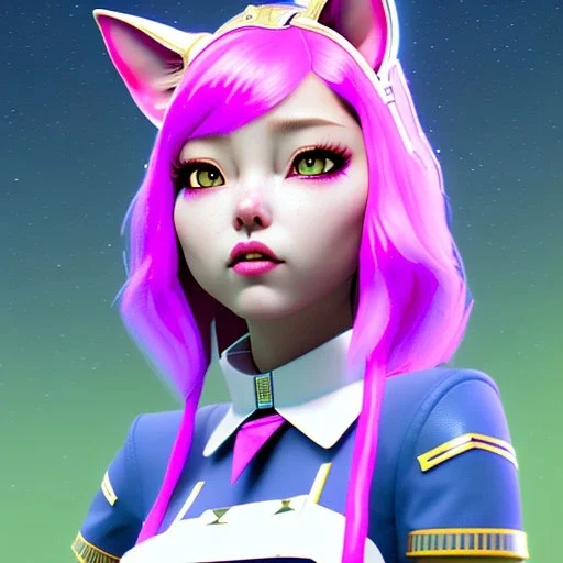 waitress teenager, asian race, cat ears latex headband, rounded face, pink hair, short hair, light makeup, striped shirt, vibrant color, highly detailed, gradient background, concept art, smooth, 16 bit, unreal engine 5, god rays, ray tracing, RTX, lumen lighting, ultra detail, volumetric lighting, 3d, finely drawn, high definition, high resolution.