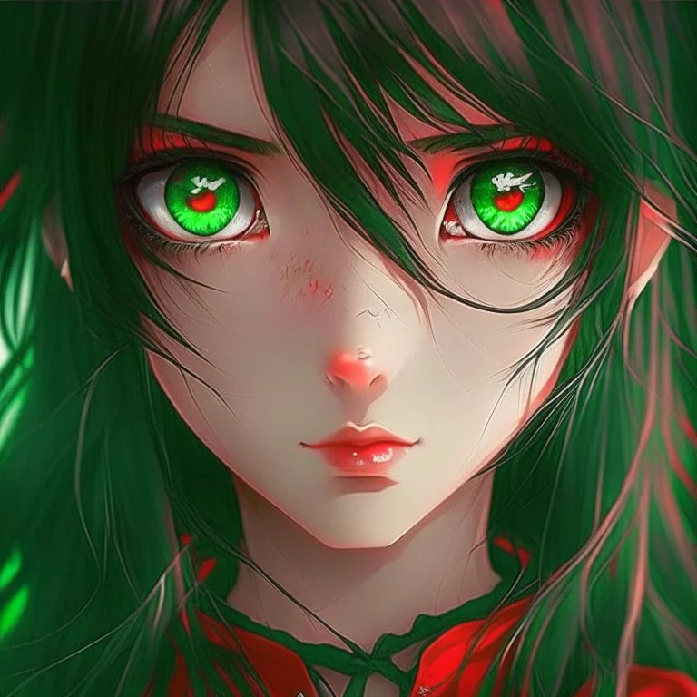 beautiful anime girl, red, nice, black, green eyes