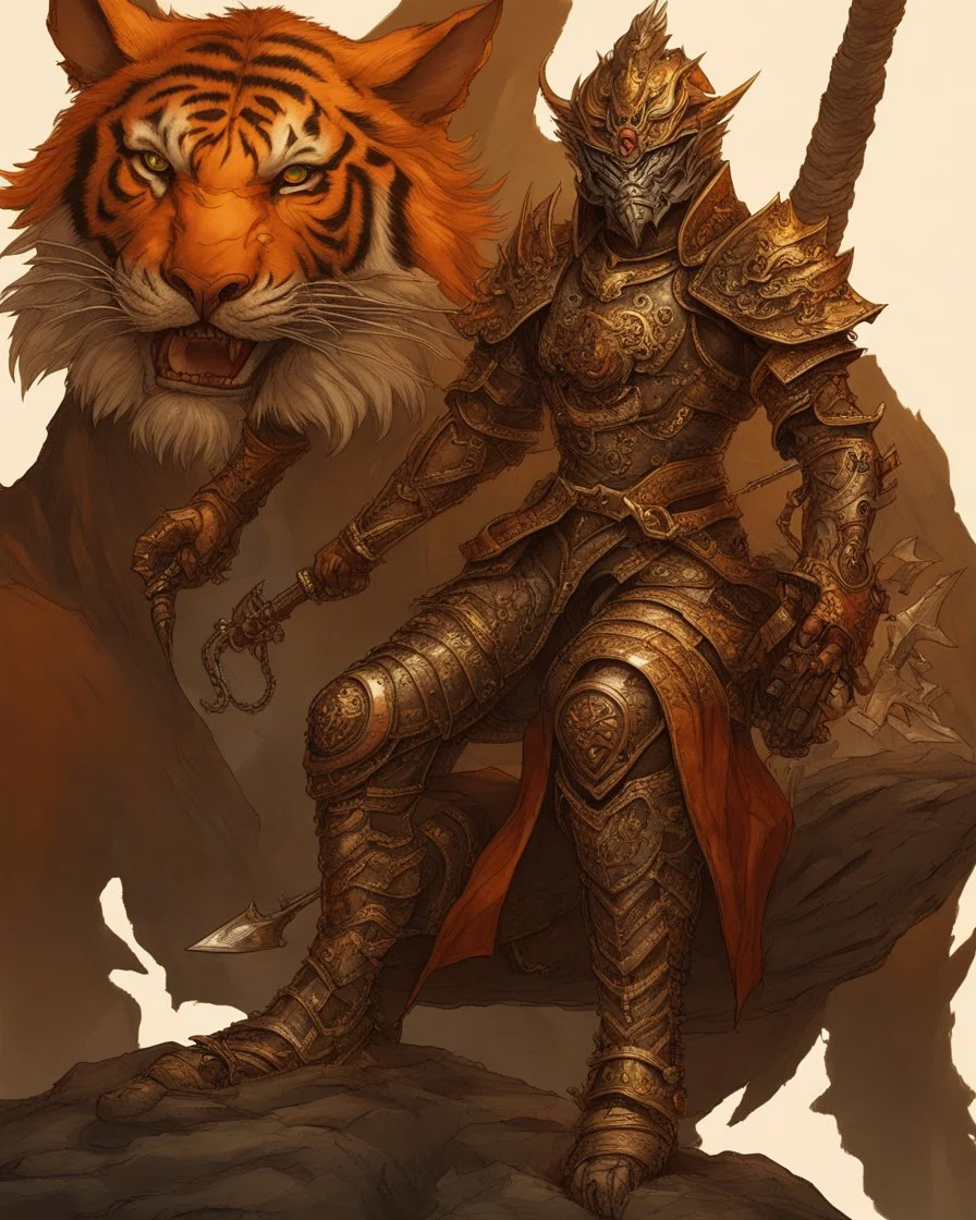 A combination of a dragon and a tiger and a commander riding on it Warrior warrior with leather and metal clothes and robotic metal