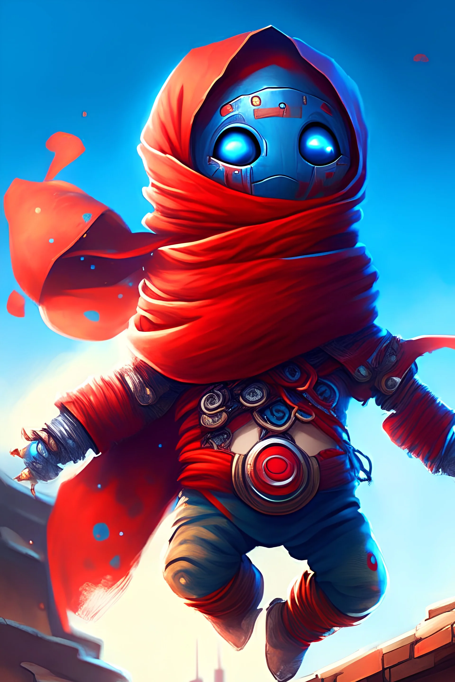 a smiling baby face robot man, long red scarf around his neck, landing on a roof top, (blue fire ball in his hand), full body picture, ( perfect detail ), digital game style, fantasy look, colorful,