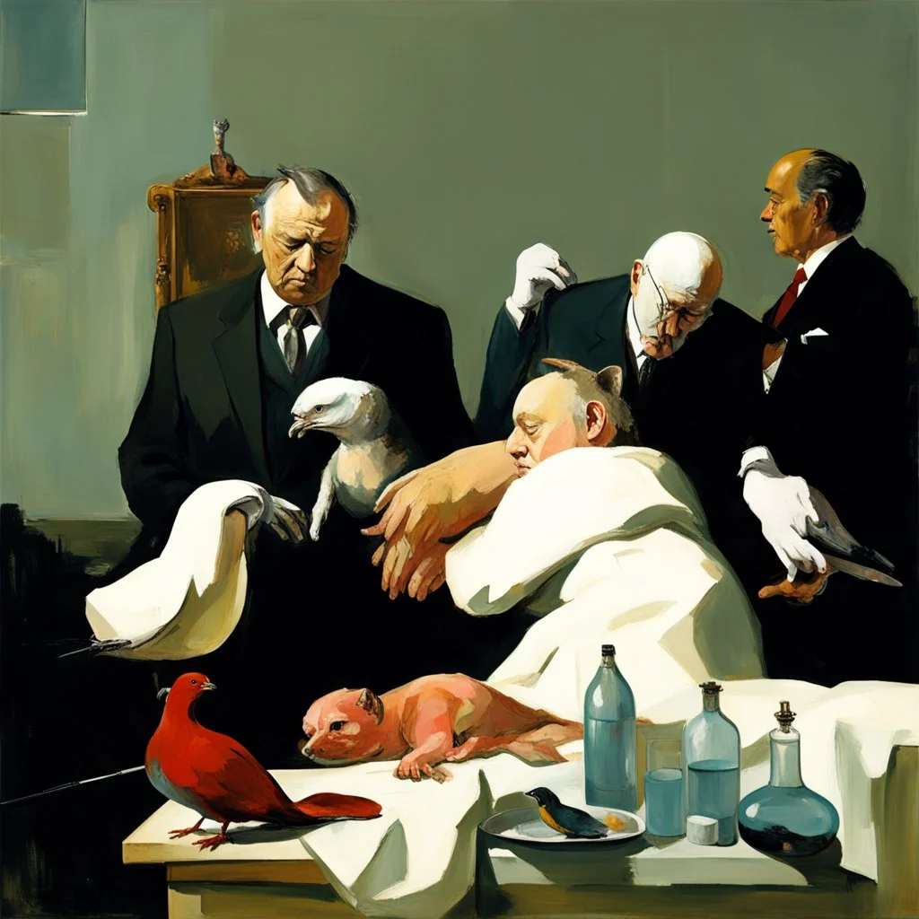 UN conference.a cat and human flesh-like surgical instruments and universe-like a pigeon and neuralink, surrealism,minimalism,Painting By Adrian Ghenie, Rene Magritte, Salvador Dali, Lucian Freud