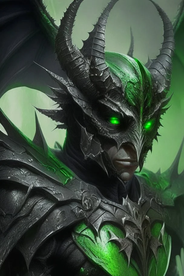 Demonio con armadura verde con negro y alas verdes viendo a los ojos a un caballero de armadura negra