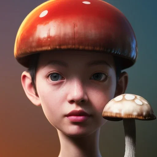 Mushroom head girl and mushroom house, unreal 5, octane render, cinema4d, redshift render, hyper realistic, cenematic, vibrancy, synthwave, retouch, centered, dynamic lighting, dramatic lighting, 4k, highly detailed, attractive beautiful, realistic, epic composition, holographic,