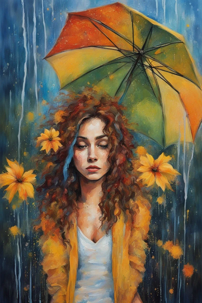 acrylic portrait of a woman, lush hair, rain, flowers, umbrella, autumn, paint blots, splashes, tears, plants, yellow, blue, green, orange colors