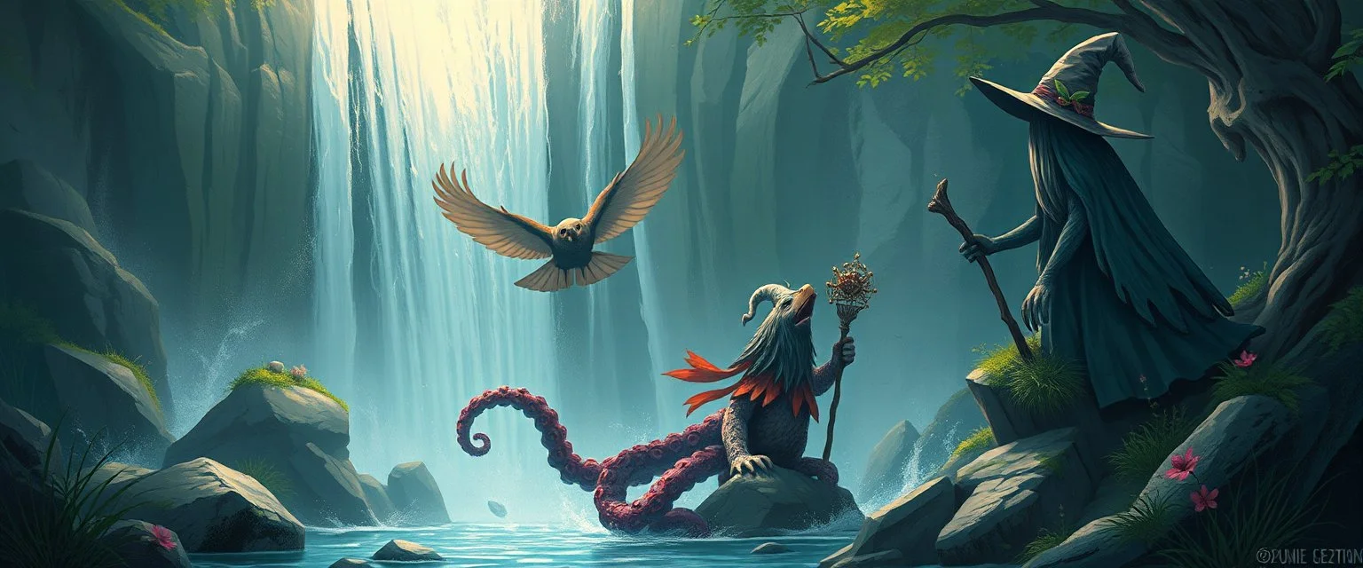 octopus bird witch bear by waterfall looks beyond really powerful, fantasy illustration