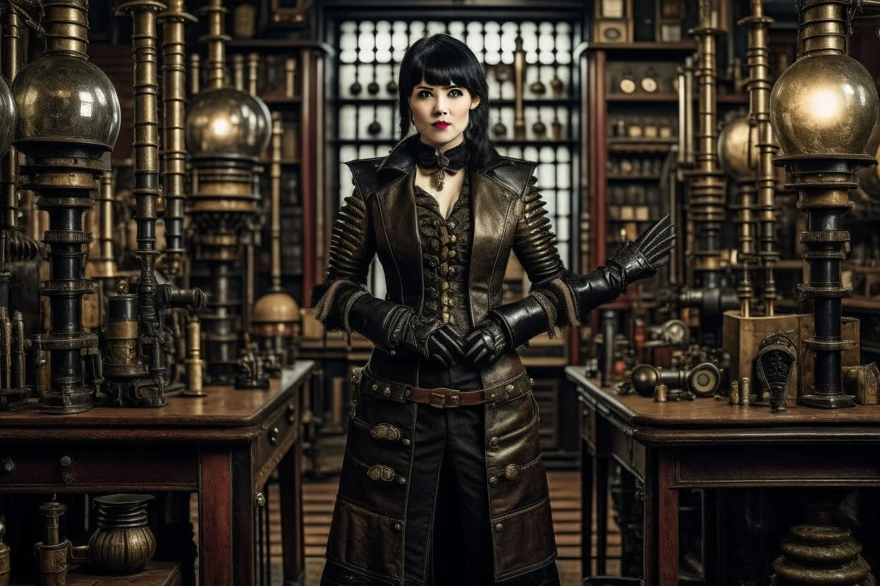 full-length pale dark-haired woman with a straight bob hairstyle with a fringe, in a steampunk leather outfit, and gloves, standing in a steampunk laboratory