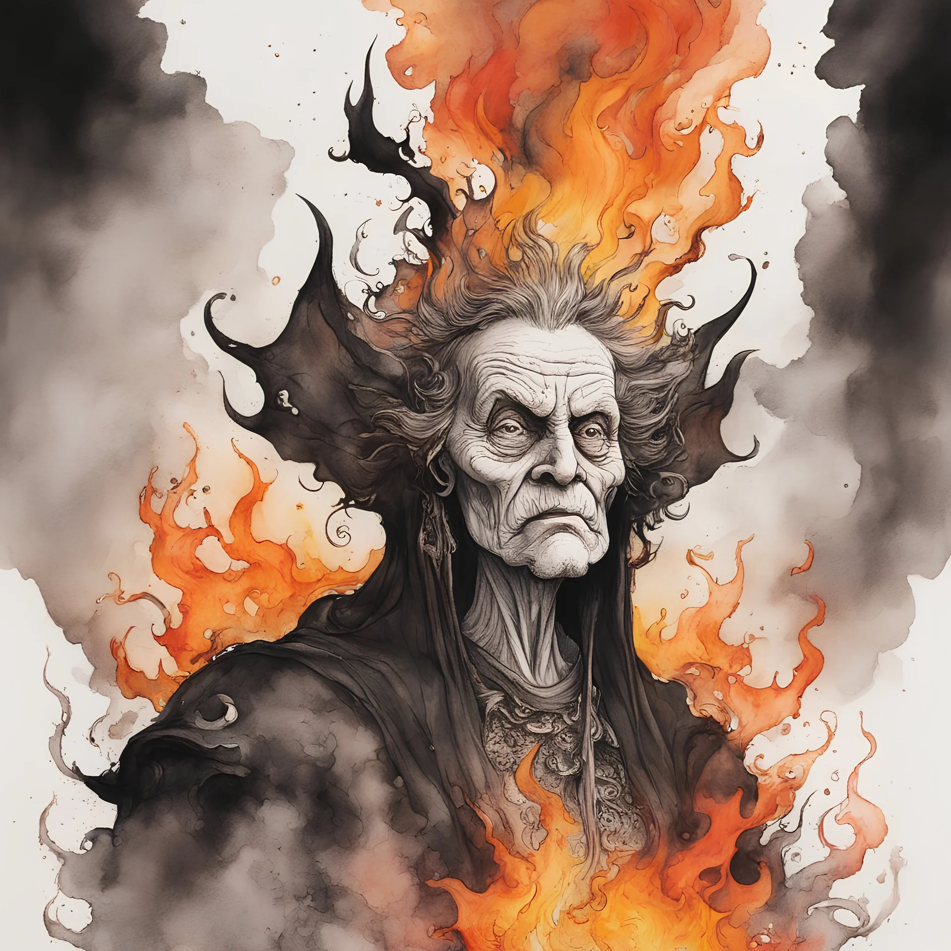 create an abstract ink wash and watercolor caricature of an aged but beautiful, malevolent, ornately dressed , 14th century sorceress engulfed in fire ,highly detailed with refined facial features in the cartoon caricature style of Gerald Scarfe and Ralph Steadman precisely drawn, boldly inked, vividly colored, 4k