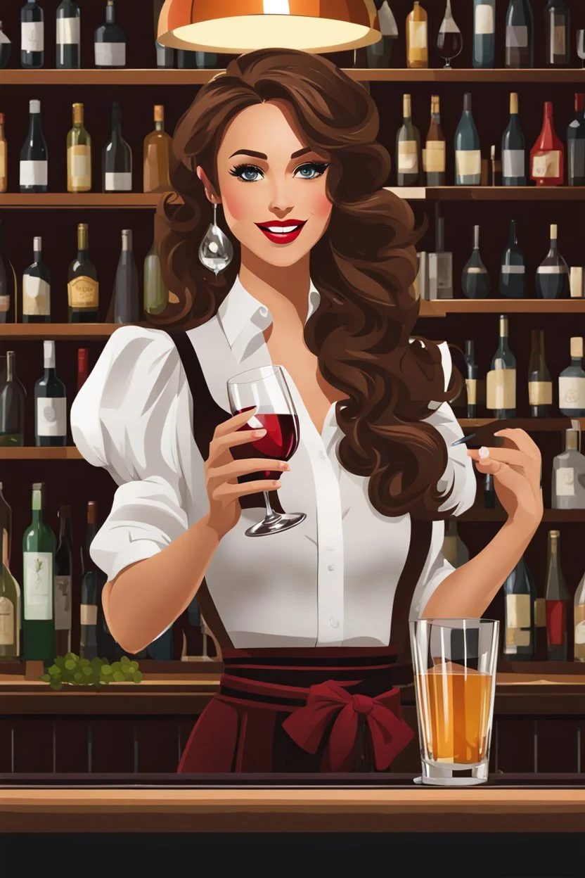 bartender girl with wavy skirt giving drink to drinker wine